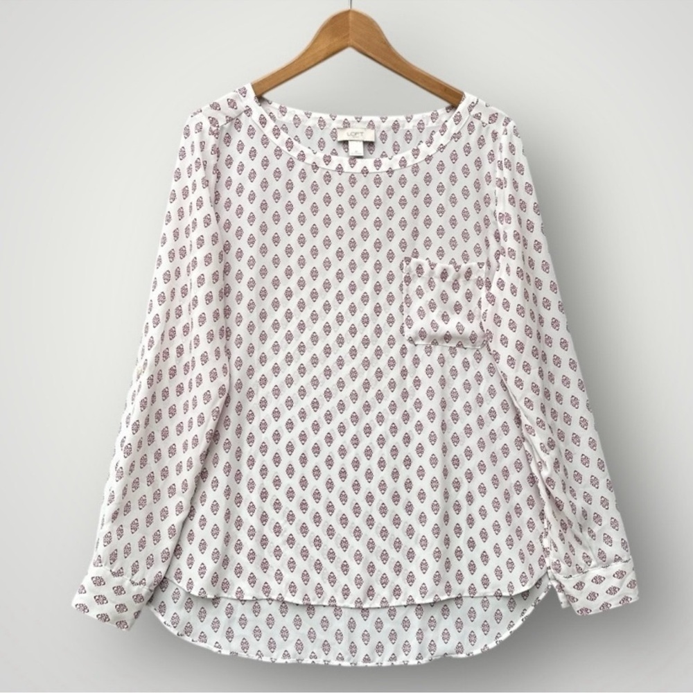 LOFT White and Purple Blouse with Pattern